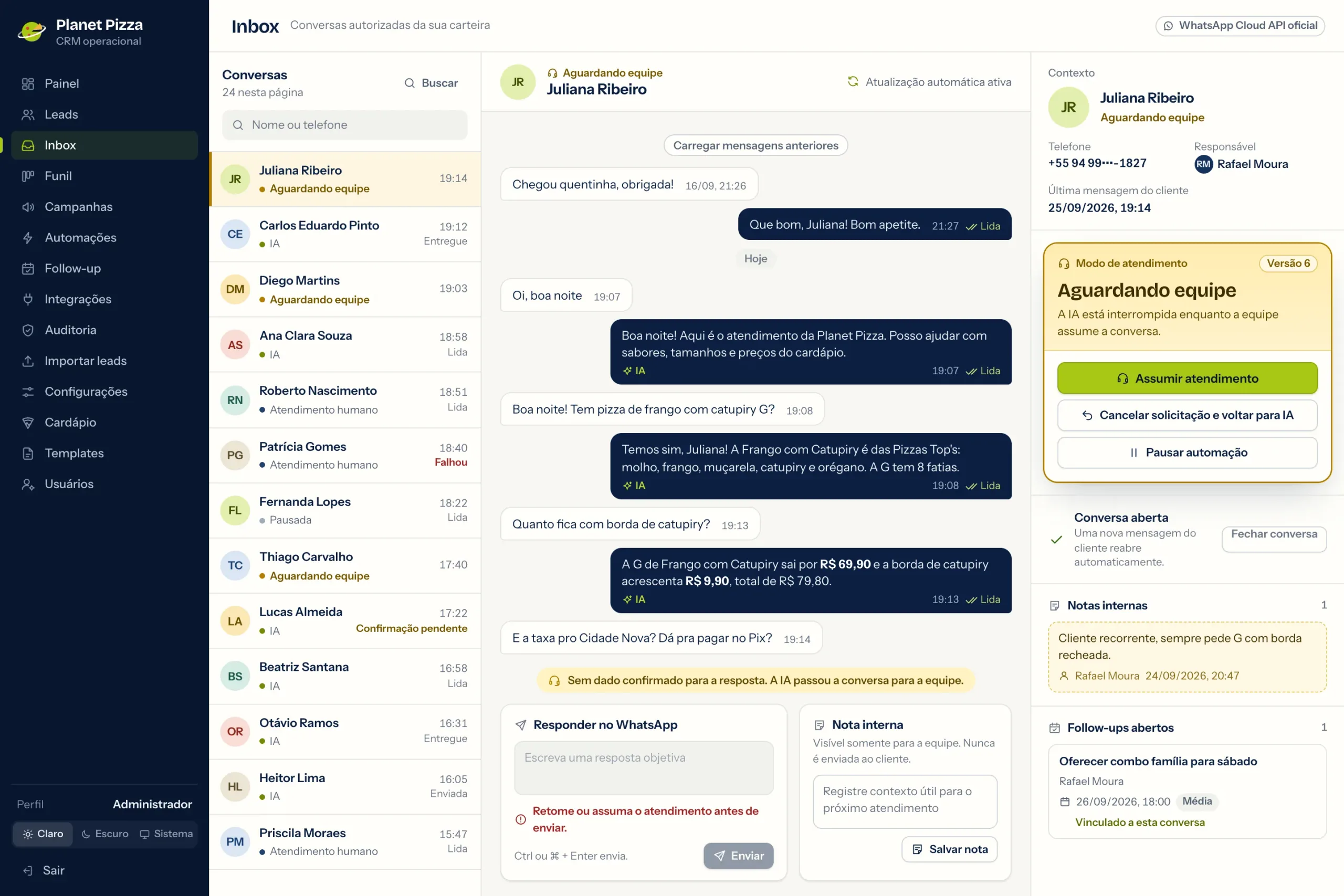 WhatsApp inbox with AI replies and a conversation waiting for the team to take over