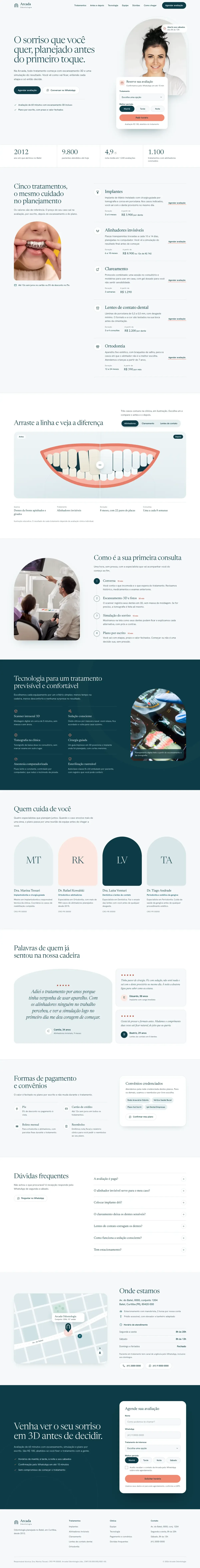 Arcada Odontologia hero with a serif headline, arch portrait and booking card